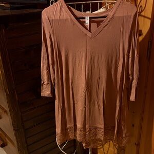 Zenana Outfitters V-Neck Tunic with Lace Hem - Tan